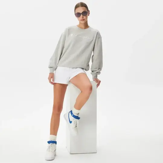 Tonal Embroidery Fleece Kadın Sweatshirt Gri - 3